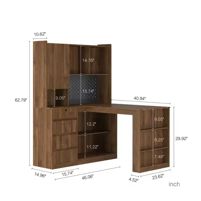 Okak Bureau en L de 46 pouces peu encombrant avec étagère, bureau d'ordinateur avec tiroirs, bureau d'angle pour salle de lecture, chambre, bureau