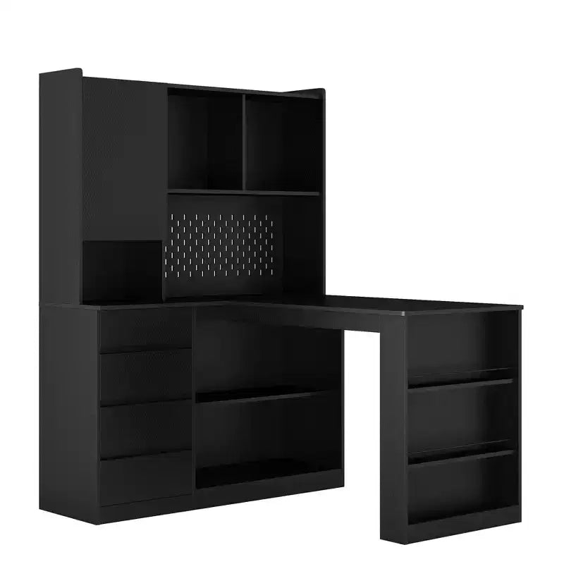 Okak Bureau en L de 46 pouces peu encombrant avec étagère, bureau d'ordinateur avec tiroirs, bureau d'angle pour salle de lecture, chambre, bureau