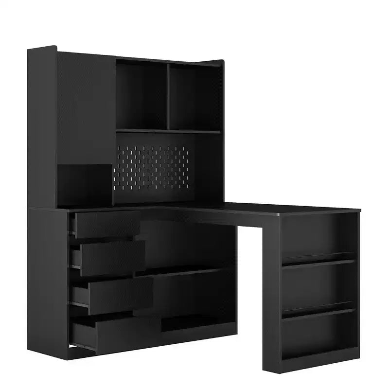 Okak Bureau en L de 46 pouces peu encombrant avec étagère, bureau d'ordinateur avec tiroirs, bureau d'angle pour salle de lecture, chambre, bureau