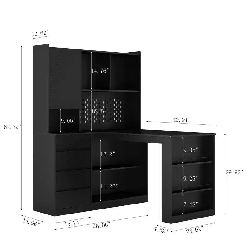 Okak Bureau en L de 46 pouces peu encombrant avec étagère, bureau d'ordinateur avec tiroirs, bureau d'angle pour salle de lecture, chambre, bureau