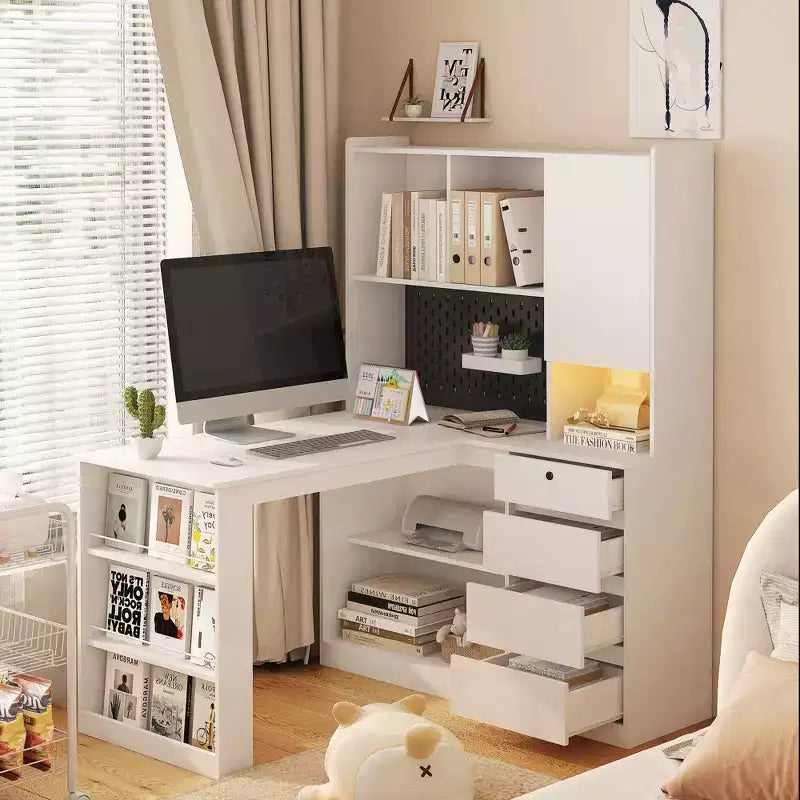 Okak Bureau en L de 46 pouces peu encombrant avec étagère, bureau d'ordinateur avec tiroirs, bureau d'angle pour salle de lecture, chambre, bureau