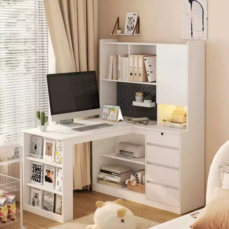 Okak Bureau en L de 46 pouces peu encombrant avec étagère, bureau d'ordinateur avec tiroirs, bureau d'angle pour salle de lecture, chambre, bureau