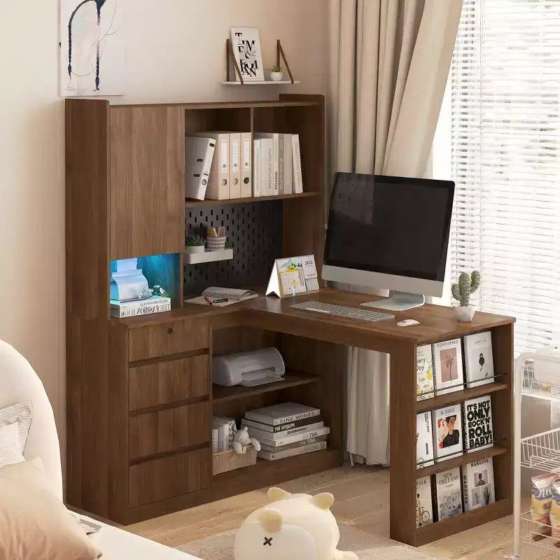 Okak Bureau en L de 46 pouces peu encombrant avec étagère, bureau d'ordinateur avec tiroirs, bureau d'angle pour salle de lecture, chambre, bureau