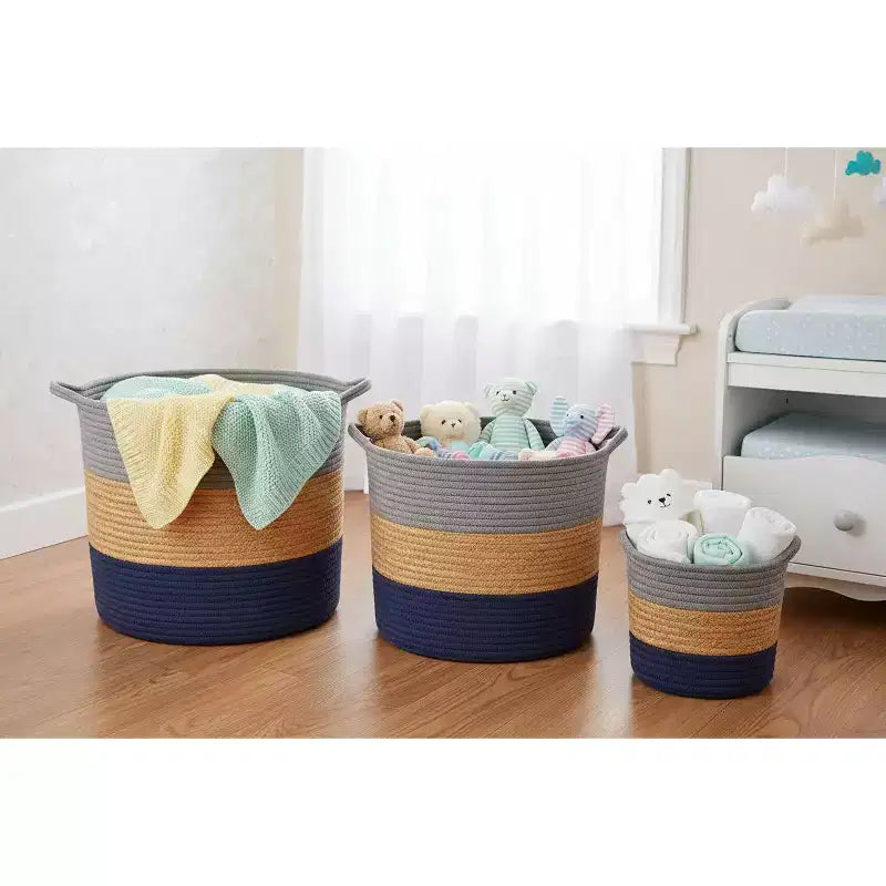 J&V TEXTILES Panier de rangement en corde de coton, lot de 3, panier à linge tressé avec poignées, gris marine naturel
