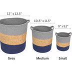 J&V TEXTILES Panier de rangement en corde de coton, lot de 3, panier à linge tressé avec poignées, gris marine naturel