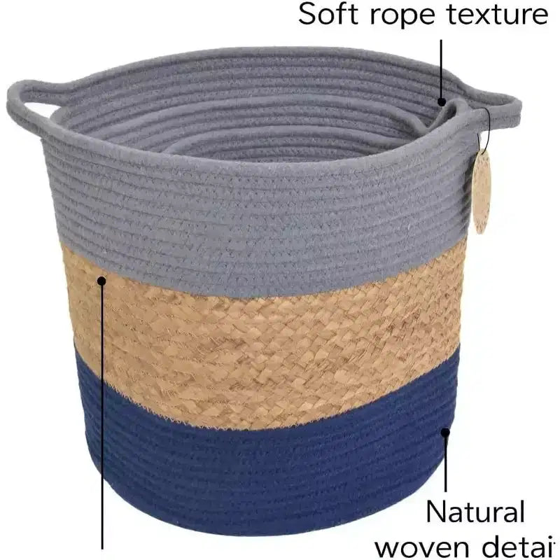 J&V TEXTILES Panier de rangement en corde de coton, lot de 3, panier à linge tressé avec poignées, gris marine naturel