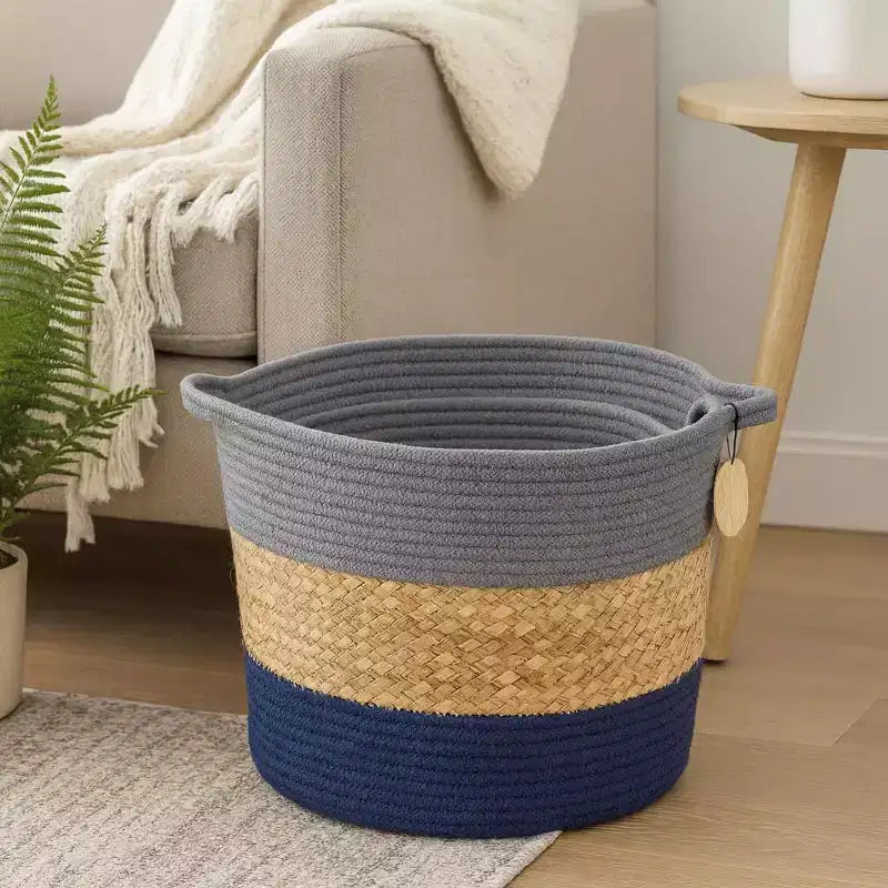 J&V TEXTILES Panier de rangement en corde de coton, lot de 3, panier à linge tressé avec poignées, gris marine naturel