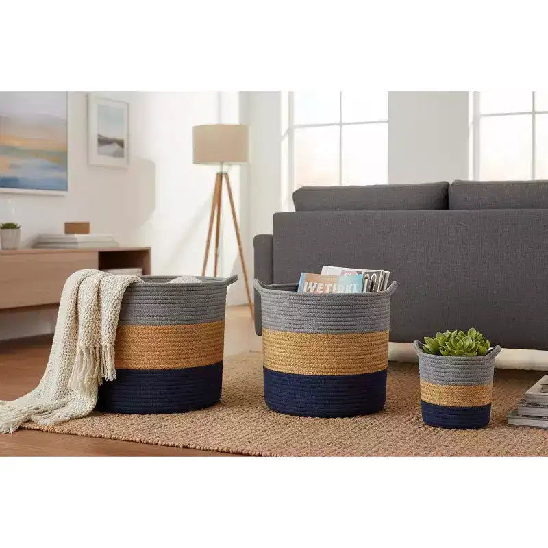 J&V TEXTILES Panier de rangement en corde de coton, lot de 3, panier à linge tressé avec poignées, gris marine naturel