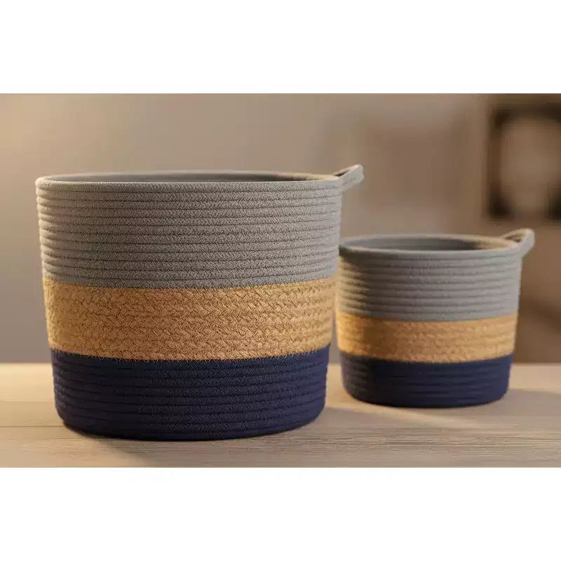 J&V TEXTILES Panier de rangement en corde de coton, lot de 3, panier à linge tressé avec poignées, gris marine naturel