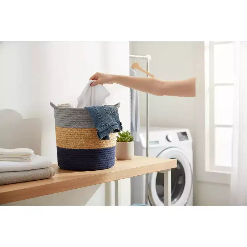 J&V TEXTILES Panier de rangement en corde de coton, lot de 3, panier à linge tressé avec poignées, gris marine naturel