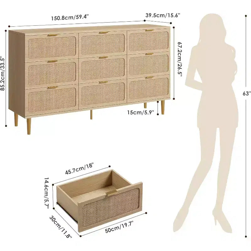 Commode à 9 tiroirs, chiffonnier de chambre moderne en bois avec tiroirs de rangement, meuble TV de style rustique pour salon, chambre, couloir