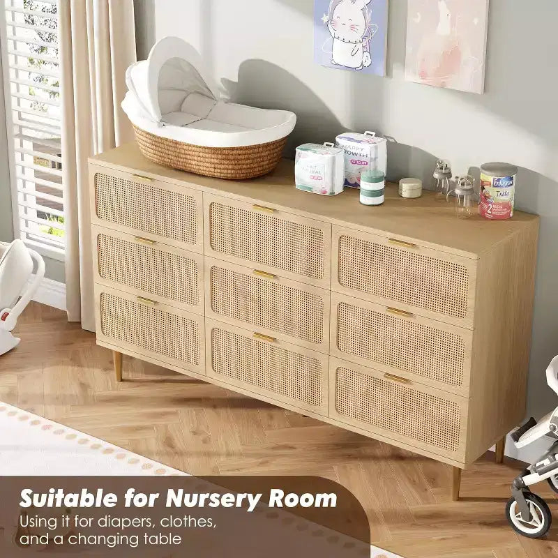 Commode à 9 tiroirs, chiffonnier de chambre moderne en bois avec tiroirs de rangement, meuble TV de style rustique pour salon, chambre, couloir
