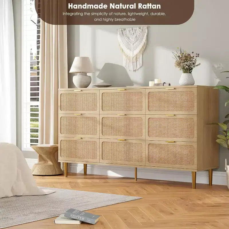 Commode à 9 tiroirs, chiffonnier de chambre moderne en bois avec tiroirs de rangement, meuble TV de style rustique pour salon, chambre, couloir
