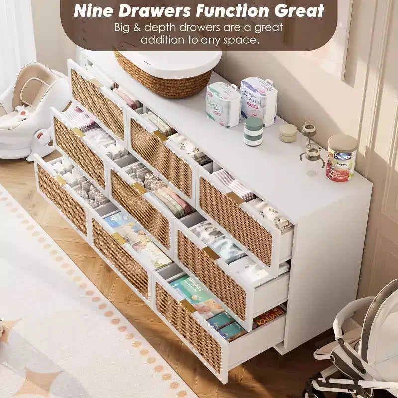 Commode à 9 tiroirs, chiffonnier de chambre moderne en bois avec tiroirs de rangement, meuble TV de style rustique pour salon, chambre, couloir