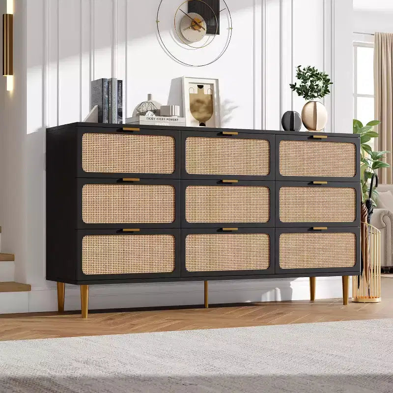 Commode à 9 tiroirs, chiffonnier de chambre moderne en bois avec tiroirs de rangement, meuble TV de style rustique pour salon, chambre, couloir