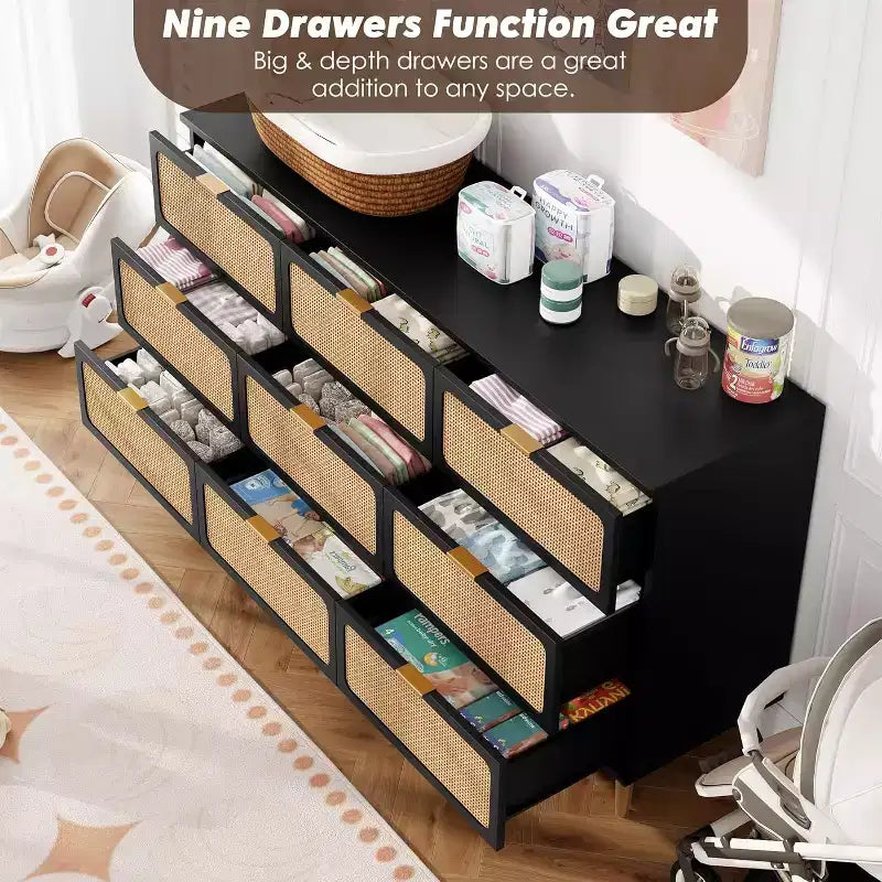 Commode à 9 tiroirs, chiffonnier de chambre moderne en bois avec tiroirs de rangement, meuble TV de style rustique pour salon, chambre, couloir