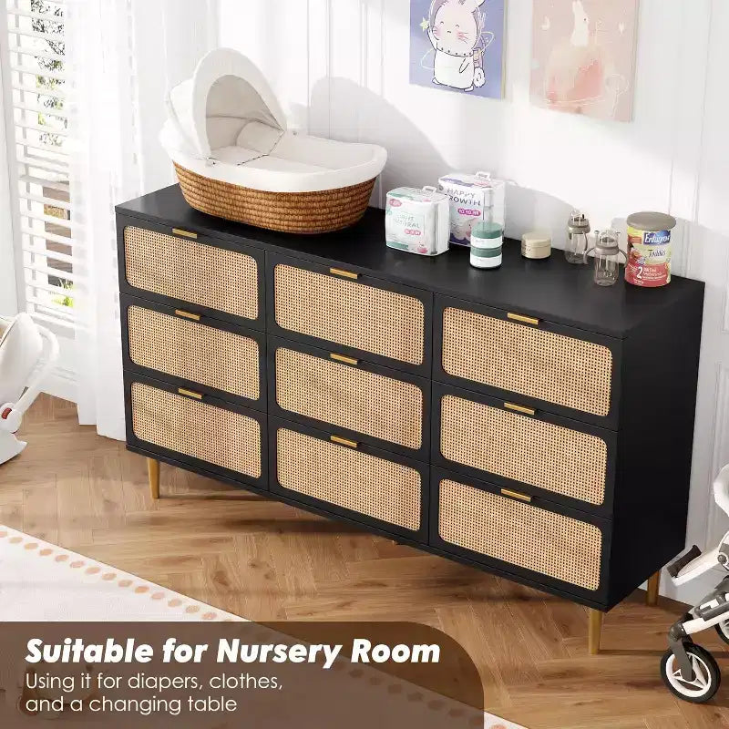 Commode à 9 tiroirs, chiffonnier de chambre moderne en bois avec tiroirs de rangement, meuble TV de style rustique pour salon, chambre, couloir
