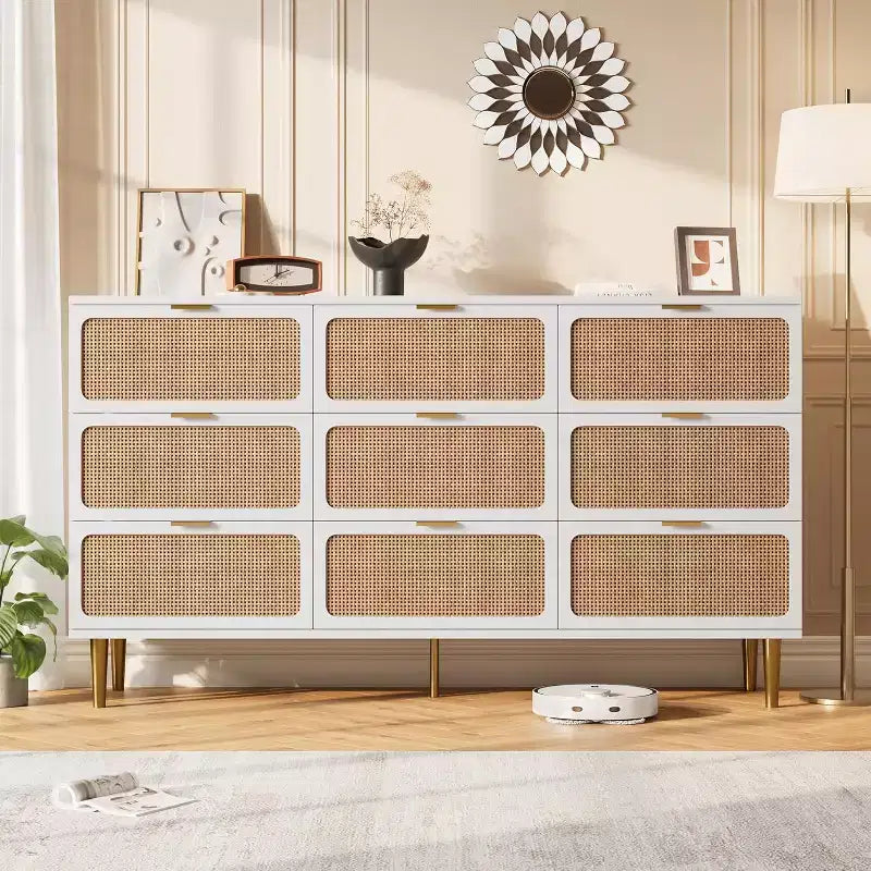 Commode à 9 tiroirs, chiffonnier de chambre moderne en bois avec tiroirs de rangement, meuble TV de style rustique pour salon, chambre, couloir