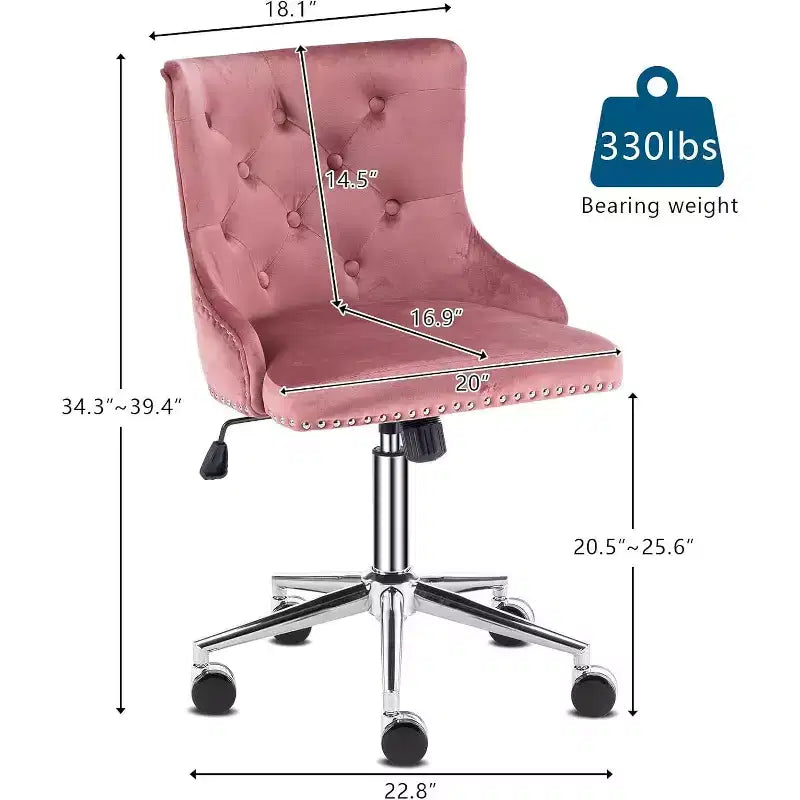 Fauteuil de bureau en velours VINGLI - Chaise de bureau moderne rembourrée avec hauteur réglable, mécanisme d'inclinaison et roulettes - Rose