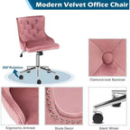 Fauteuil de bureau en velours VINGLI - Chaise de bureau moderne rembourrée avec hauteur réglable, mécanisme d'inclinaison et roulettes - Rose