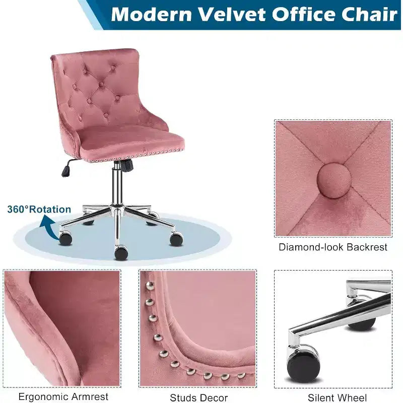 Fauteuil de bureau en velours VINGLI - Chaise de bureau moderne rembourrée avec hauteur réglable, mécanisme d'inclinaison et roulettes - Rose
