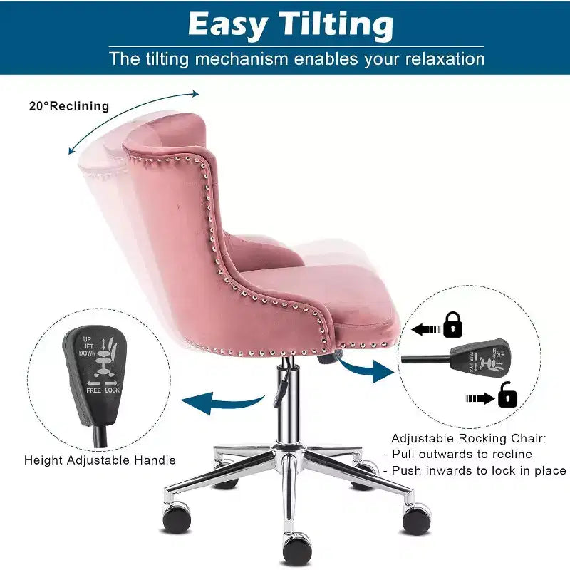 Fauteuil de bureau en velours VINGLI - Chaise de bureau moderne rembourrée avec hauteur réglable, mécanisme d'inclinaison et roulettes - Rose