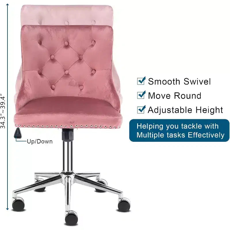 Fauteuil de bureau en velours VINGLI - Chaise de bureau moderne rembourrée avec hauteur réglable, mécanisme d'inclinaison et roulettes - Rose