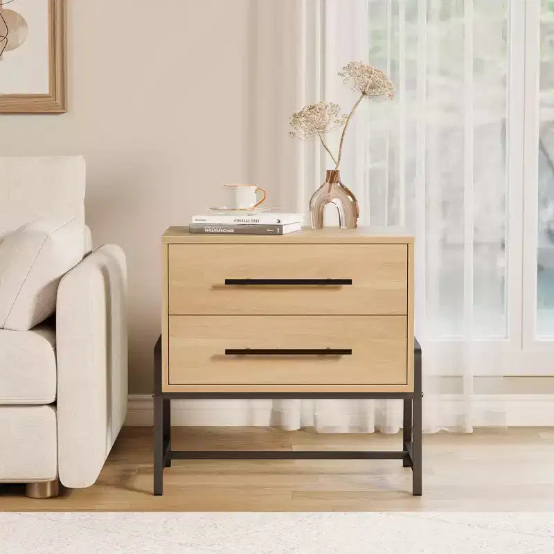 Table de chevet avec tiroirs, Table de chevet en bois clair, Table d'appoint large