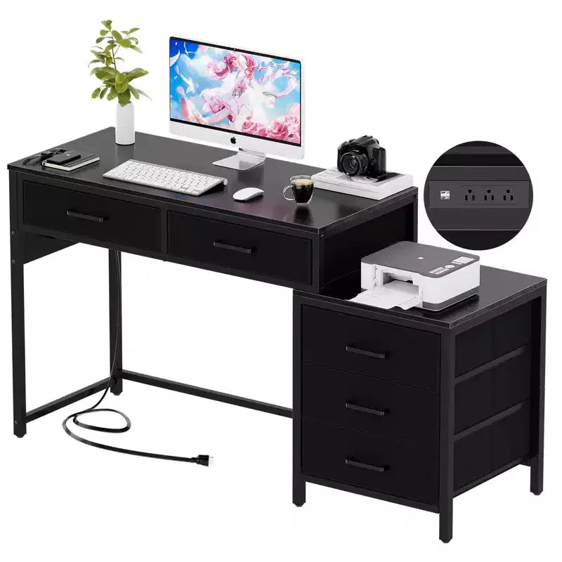 Besiost Corner Home Office Desk avec tiroirs de classement, bureau d'ordinateur avec station de charge