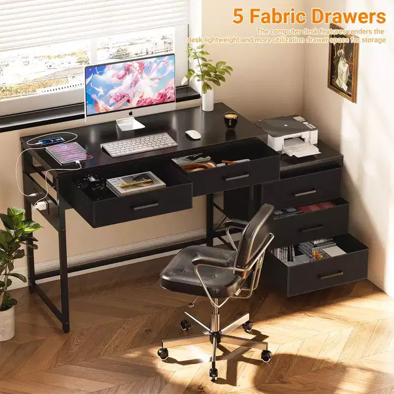 Besiost Corner Home Office Desk avec tiroirs de classement, bureau d'ordinateur avec station de charge