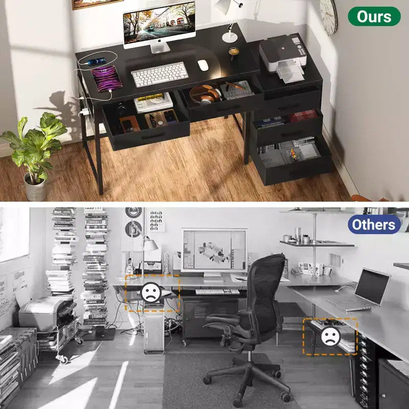 Besiost Corner Home Office Desk avec tiroirs de classement, bureau d'ordinateur avec station de charge