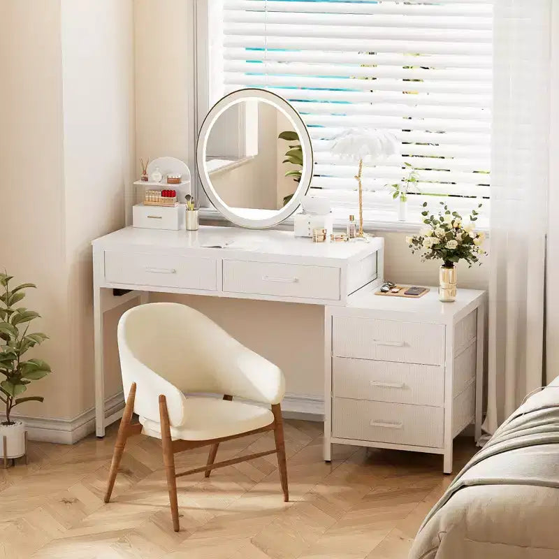 Besiost Corner Home Office Desk avec tiroirs de classement, bureau d'ordinateur avec station de charge
