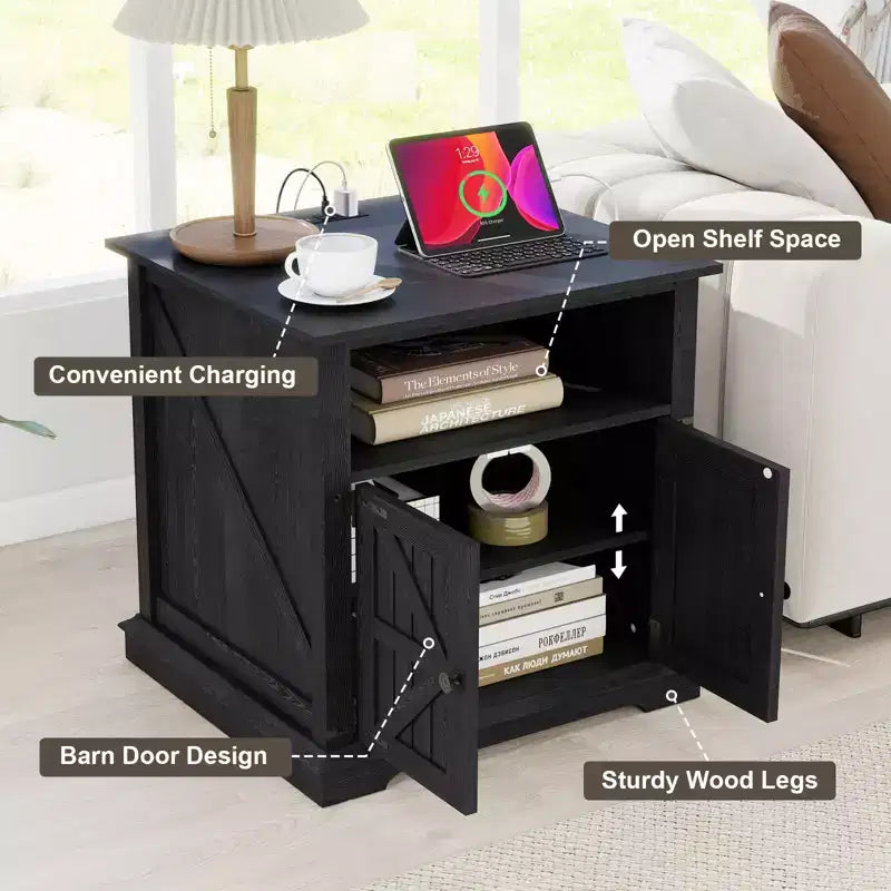 MUUEGM 24 Table de chevet avec station de recharge, table d'appoint de style ferme avec 2 tiroirs et étagère réglable, table de chevet avec pieds en bois massif