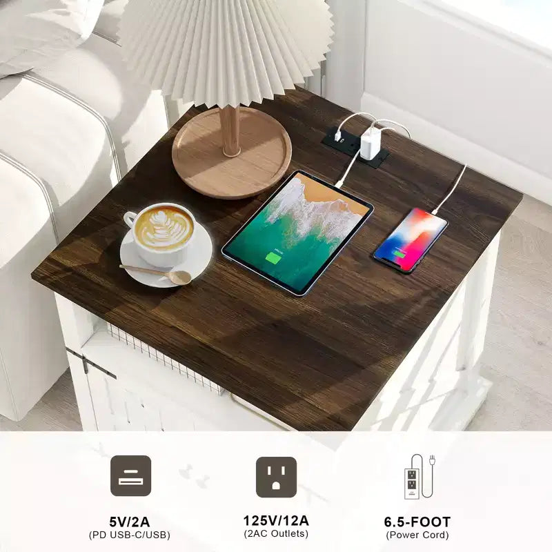 MUUEGM 24 Table de chevet avec station de recharge, table d'appoint de style ferme avec 2 tiroirs et étagère réglable, table de chevet avec pieds en bois massif