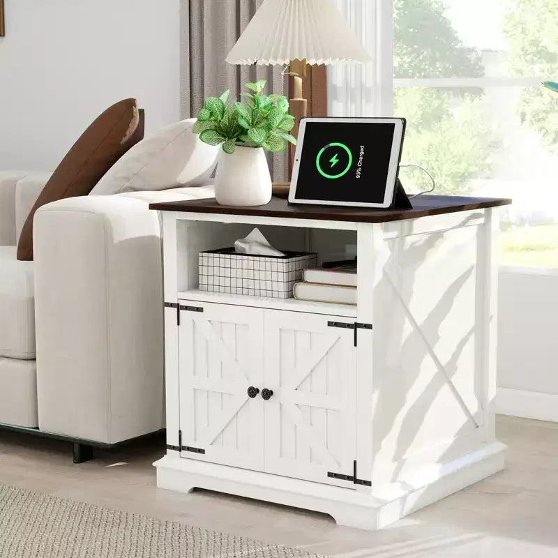 MUUEGM 24 Table de chevet avec station de recharge, table d'appoint de style ferme avec 2 tiroirs et étagère réglable, table de chevet avec pieds en bois massif