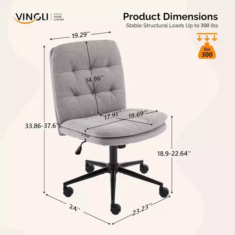 VINGLI Chaise de bureau sans accoudoirs à dossier mi-haut avec roulettes/sans roulettes, chaise de coiffeuse pivotante à 360° avec coussin épais en lin gris foncé
