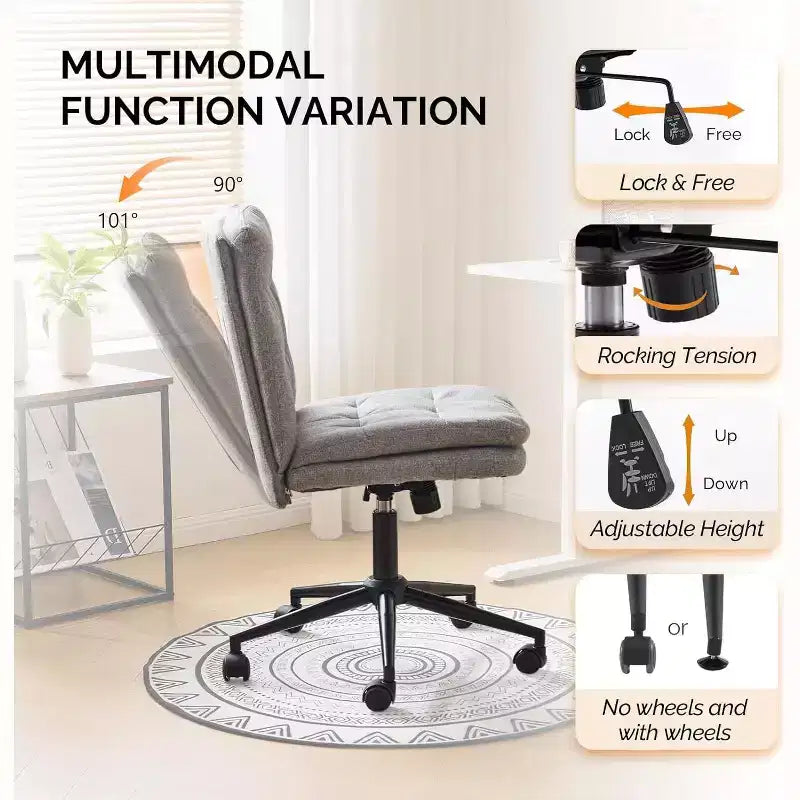 VINGLI Chaise de bureau sans accoudoirs à dossier mi-haut avec roulettes/sans roulettes, chaise de coiffeuse pivotante à 360° avec coussin épais en lin gris foncé