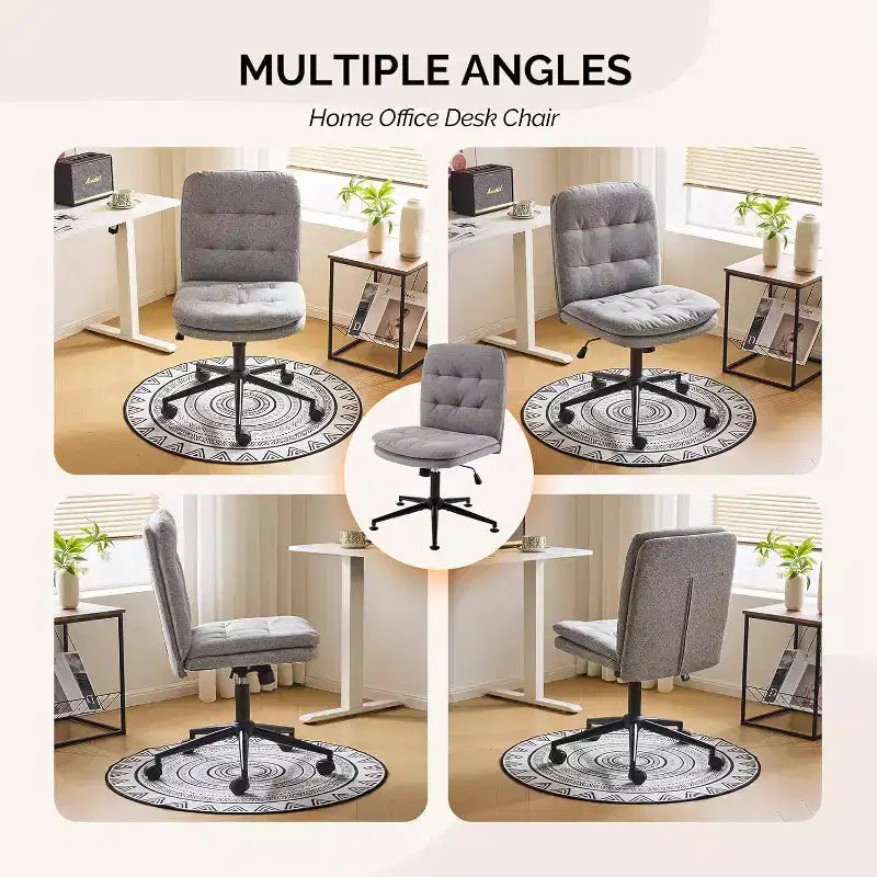 VINGLI Chaise de bureau sans accoudoirs à dossier mi-haut avec roulettes/sans roulettes, chaise de coiffeuse pivotante à 360° avec coussin épais en lin gris foncé