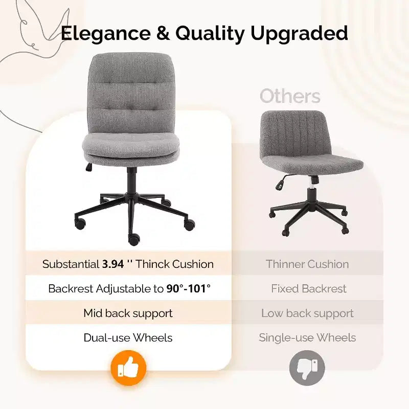 VINGLI Chaise de bureau sans accoudoirs à dossier mi-haut avec roulettes/sans roulettes, chaise de coiffeuse pivotante à 360° avec coussin épais en lin gris foncé