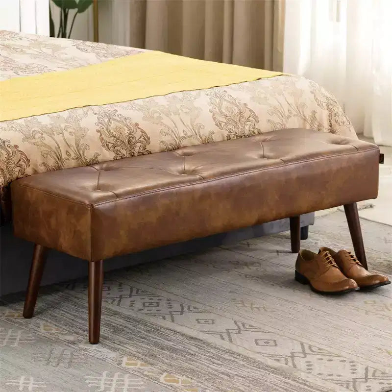 Banc Ottomane Furniliving 44 pouces pour Chambre à Coucher, Rembourré en Faux Cuir avec Pieds en Bois pour Salon/Chambre à Coucher/Entrée