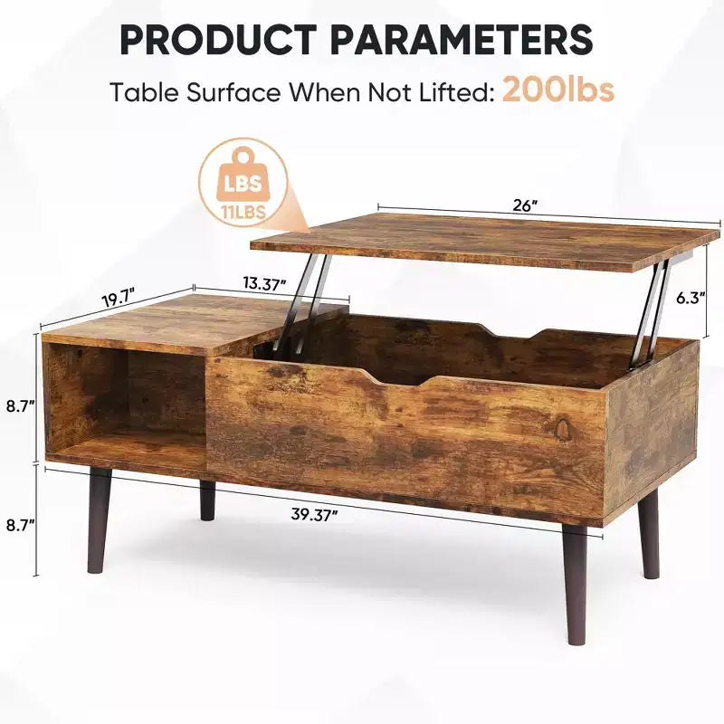 Table basse moderne et fonctionnelle Okak avec plateau relevable, rangement dissimulé et étagère ouverte, table de centre de style industriel pour salon, bureau