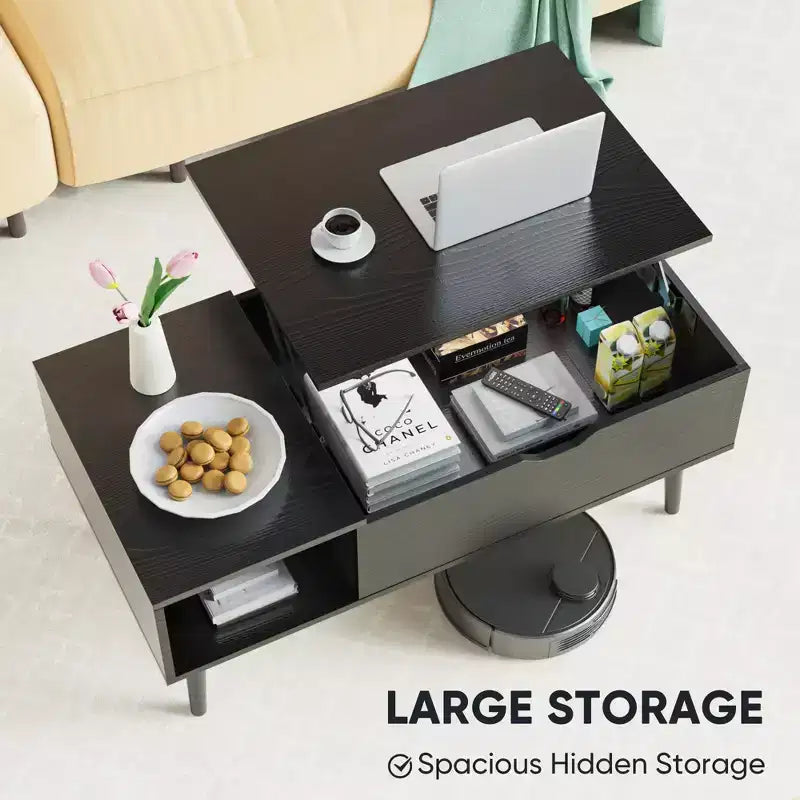 Table basse moderne et fonctionnelle Okak avec plateau relevable, rangement dissimulé et étagère ouverte, table de centre de style industriel pour salon, bureau