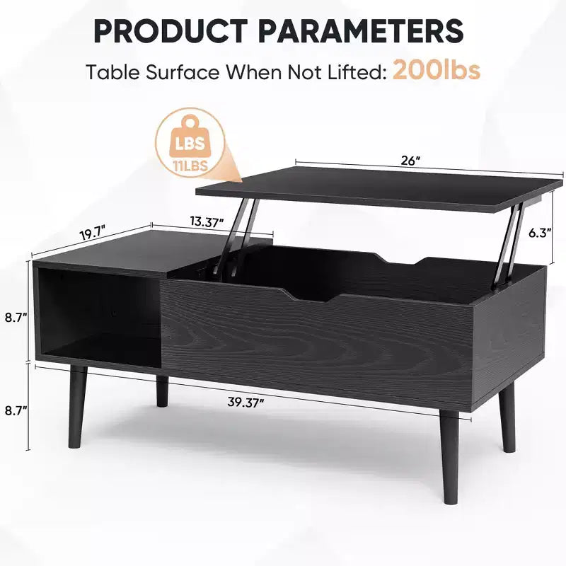 Table basse moderne et fonctionnelle Okak avec plateau relevable, rangement dissimulé et étagère ouverte, table de centre de style industriel pour salon, bureau