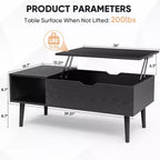 Table basse moderne et fonctionnelle Okak avec plateau relevable, rangement dissimulé et étagère ouverte, table de centre de style industriel pour salon, bureau