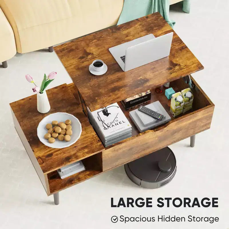 Table basse moderne et fonctionnelle Okak avec plateau relevable, rangement dissimulé et étagère ouverte, table de centre de style industriel pour salon, bureau