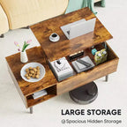 Table basse moderne et fonctionnelle Okak avec plateau relevable, rangement dissimulé et étagère ouverte, table de centre de style industriel pour salon, bureau
