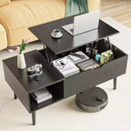 Table basse moderne et fonctionnelle Okak avec plateau relevable, rangement dissimulé et étagère ouverte, table de centre de style industriel pour salon, bureau