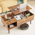 Table basse moderne et fonctionnelle Okak avec plateau relevable, rangement dissimulé et étagère ouverte, table de centre de style industriel pour salon, bureau