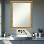 Amanti Art Carter Miroir mural de salle de bain avec cadre en bois doré foncé non biseauté