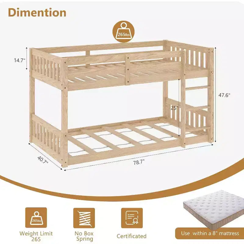 JOYMOR Lit superposé jumeau bas pour enfants/juniors, cadre de lit superposé double en bois avec garde-corps et échelle pour garçons et filles, matelas non inclus
